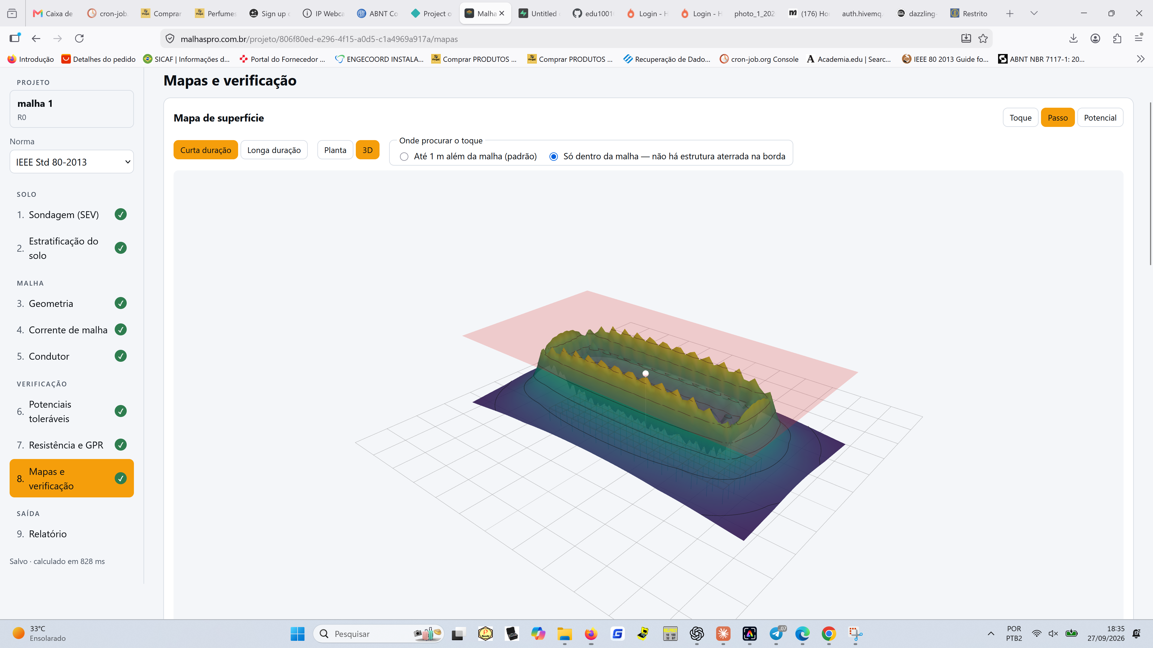 Tela real do Malha Pro: tensão de passo em 3D sobre a geometria da malha.