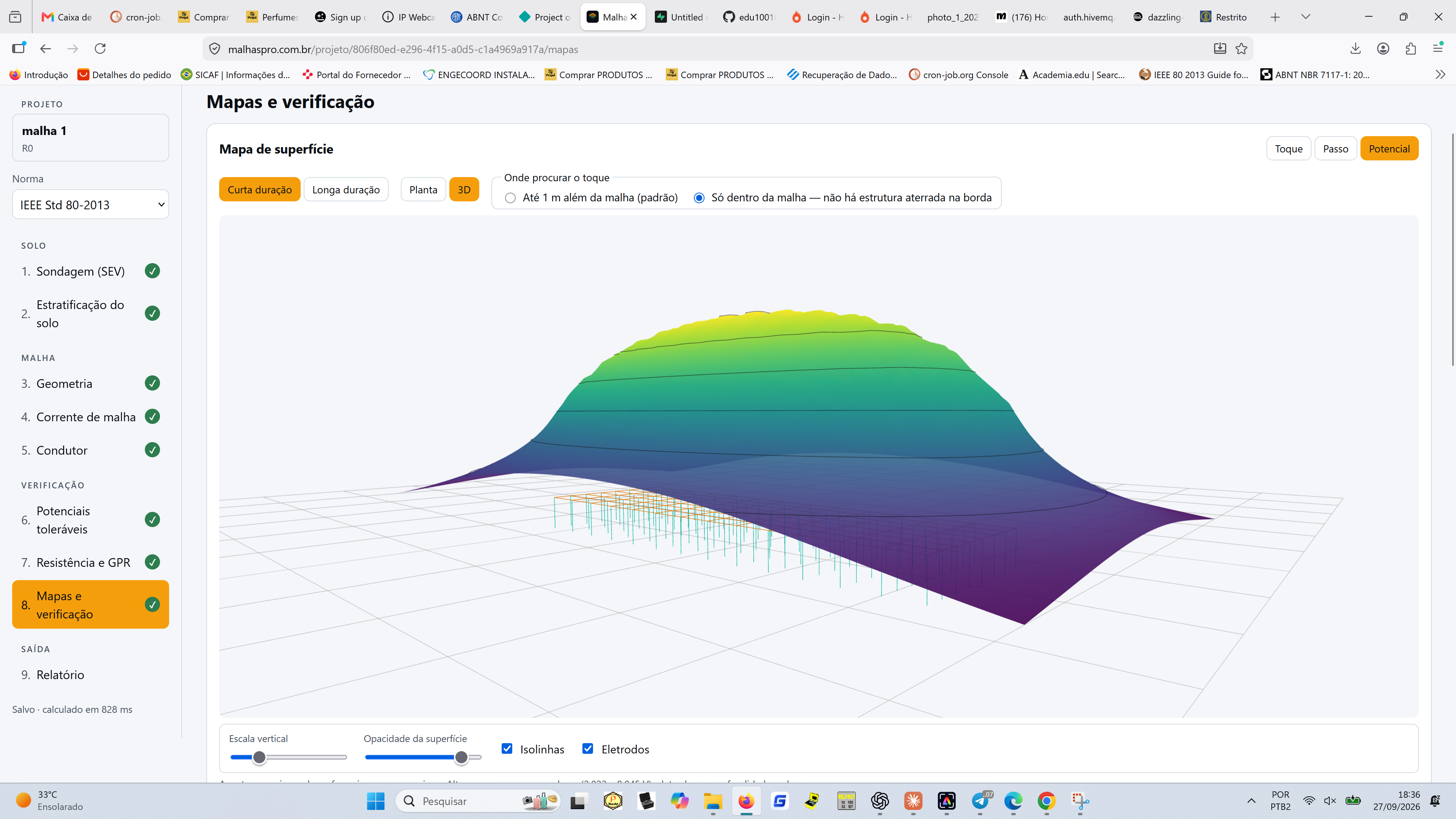 Superfície 3D de potencial sobre a geometria da malha.